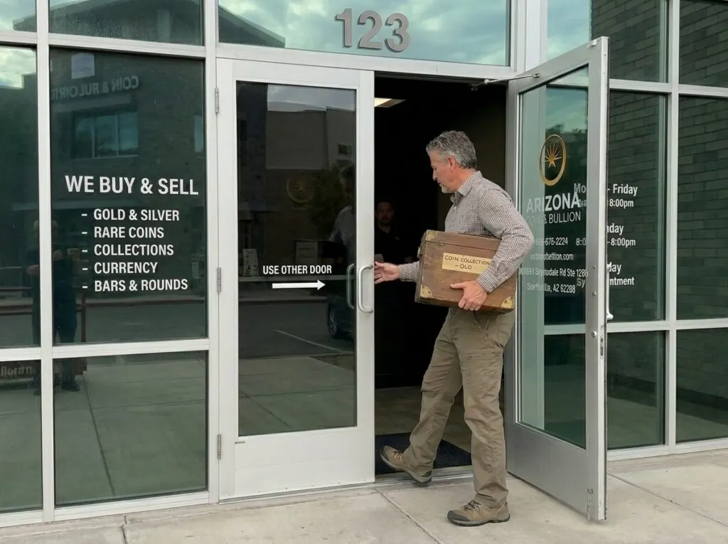 Customer bringing coin collection chest into Lone Mountain Coin Suite 123 in North Scottsdale