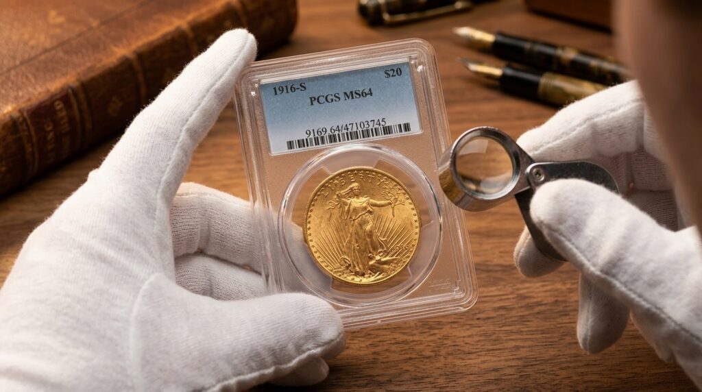 1916 $20 Gold Eagle in a PCGS holder.
