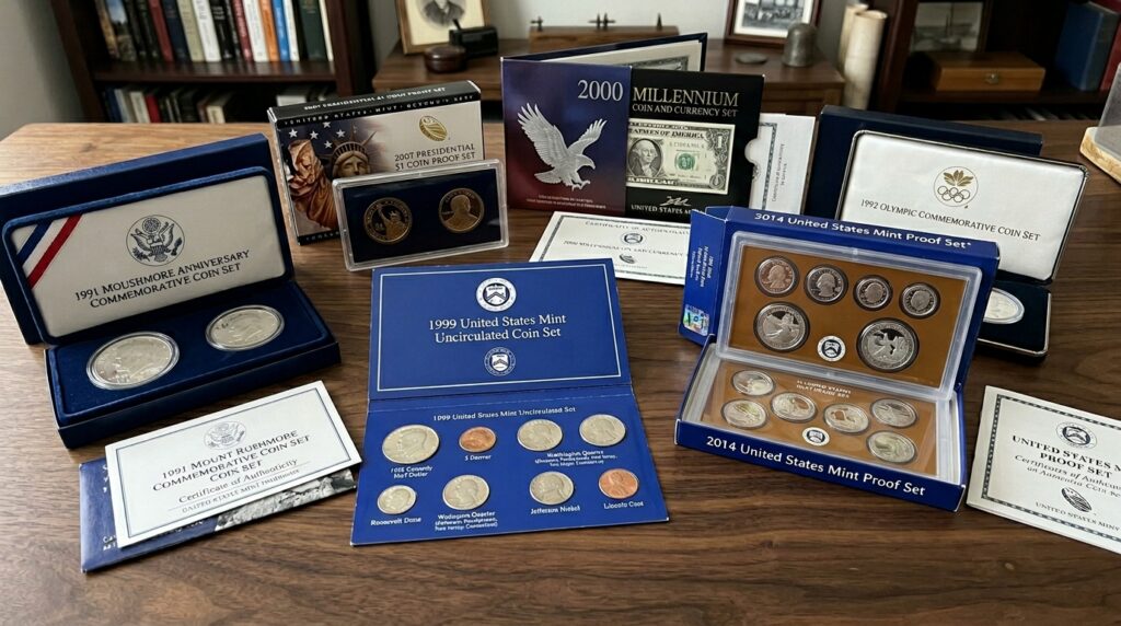 US mint sets with packaging.