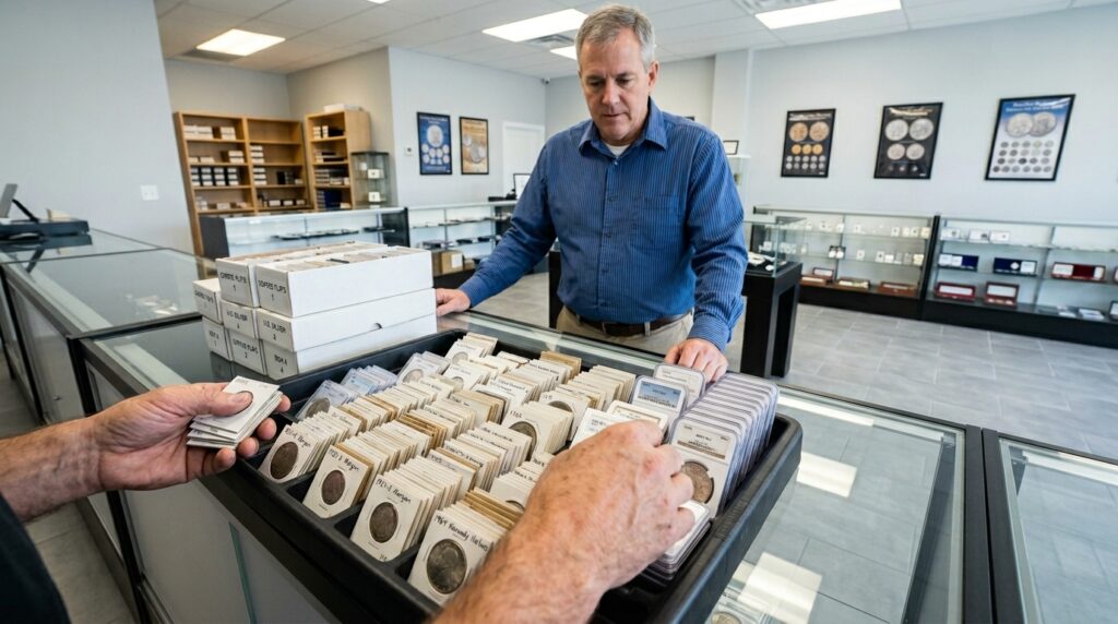Employee Sorting a Coin Collection.