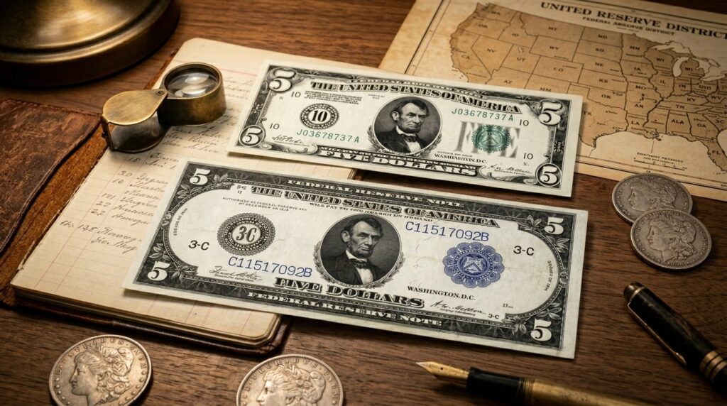 Large and Small $5 notes on desk.