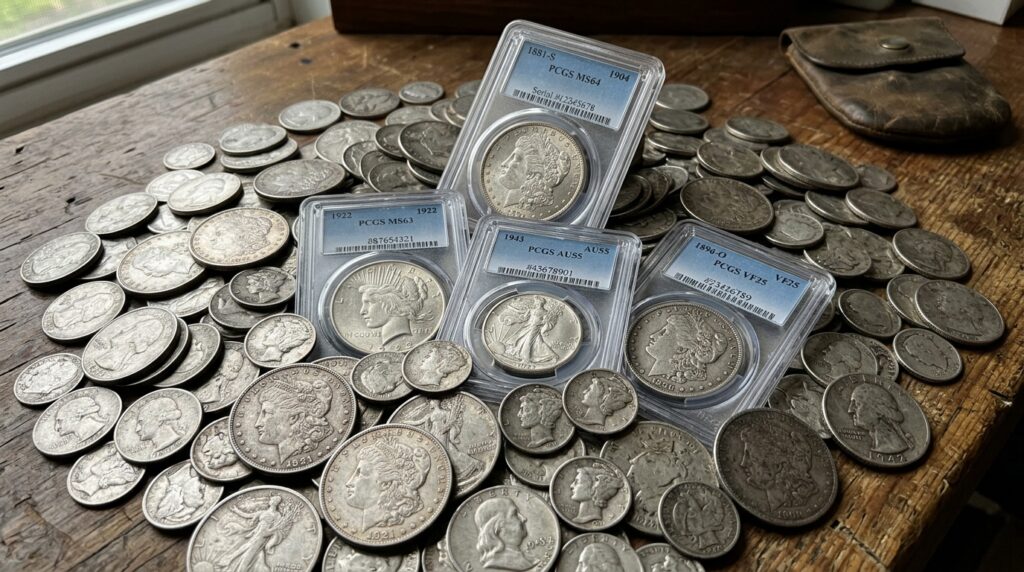 Pile of US Silver Coins some are graded.